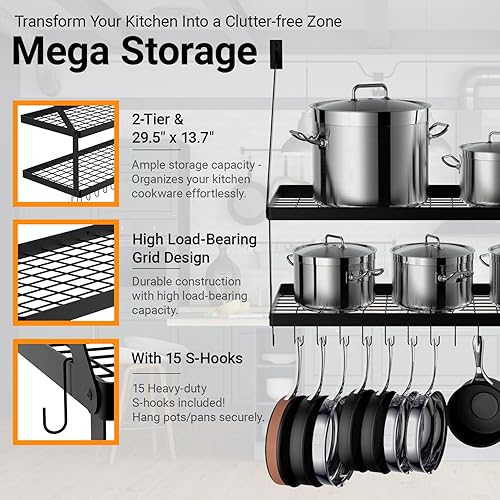 Miniatura 3 de Estante de almacenamiento cuadrado de pared con 10 ganchos, organizador colgante de utensilios de cocina, negro, KPR300A-BK