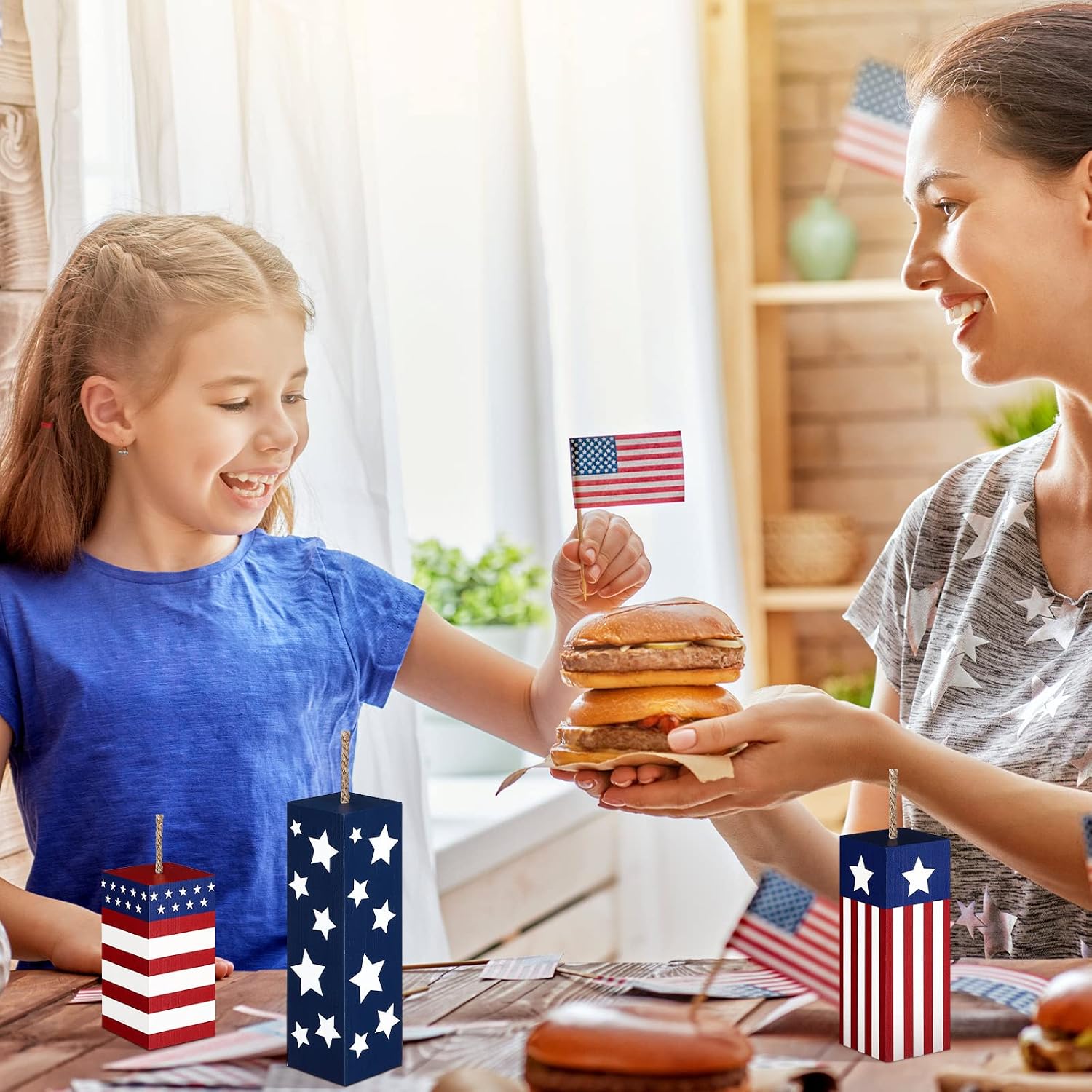 Weysat 3 Pcs 4th of July Table Decorations Wood Patriotic Table Centerpieces Memorial Day Tiered Tray Decor Red White Blue Firework American Flag Wooden Sign for 250th Anniversary Home Office Tabletop
