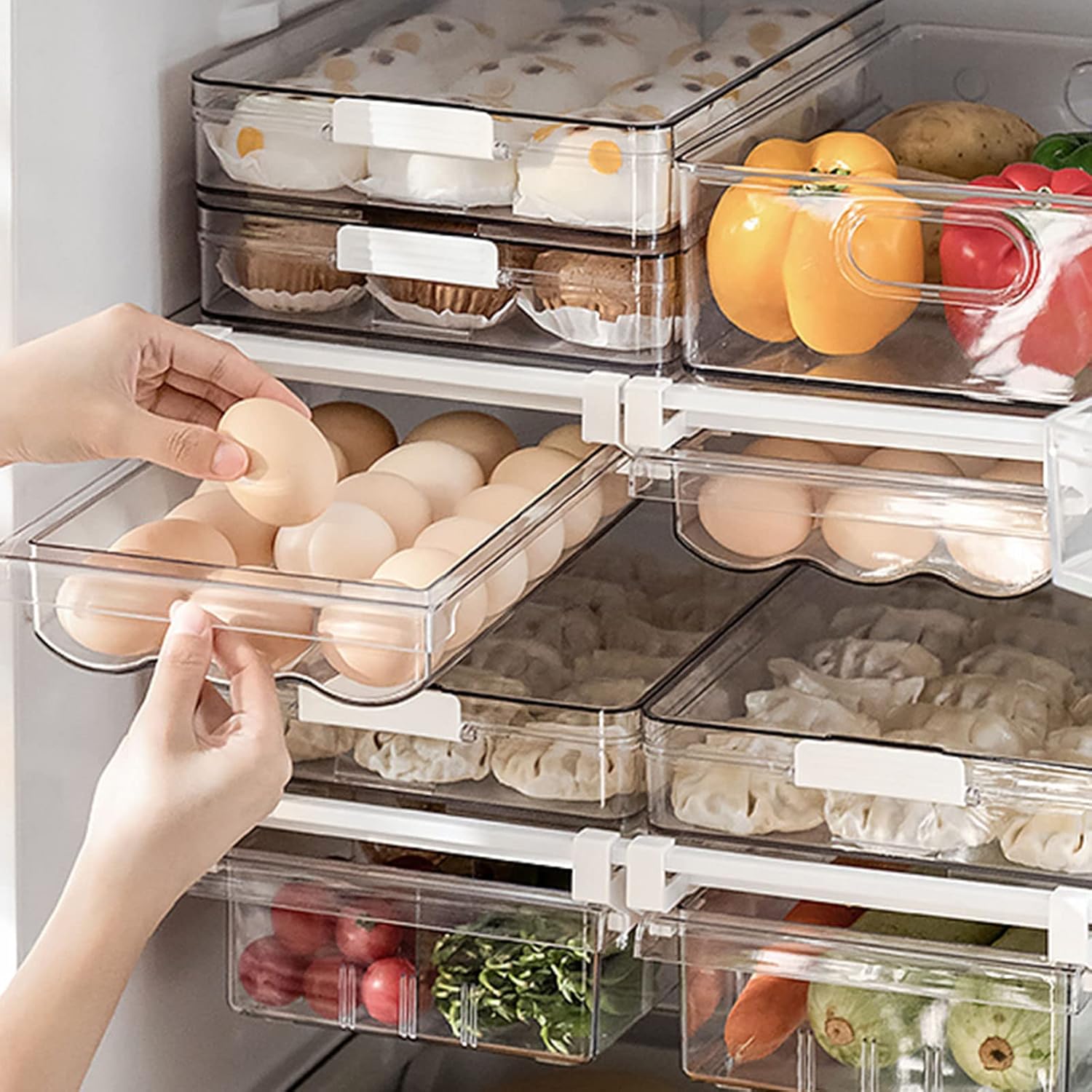 Large capacity clear plastic egg holder tray for refrigerator storage