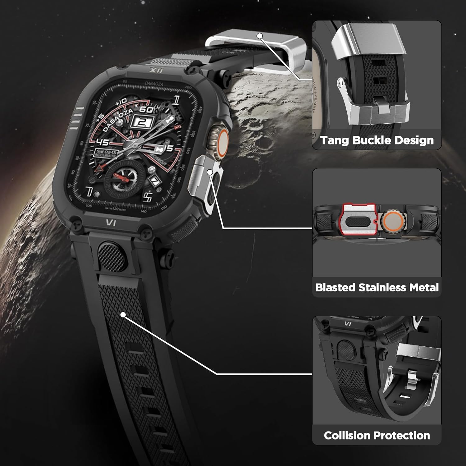 DABAOZA Compatible with Apple Watch Band 49mm Case for Men, Sport Shockproof Rugged Protective Strap Bumper Cover for iWatch SE Ultra 3/2/1 Series 11/10/9/8/7/6/5/4/3 (Black/Silver,49)
