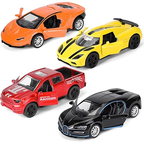 4 Pack Toy Cars,1/36 Metal Diecast Cars Toy with Opening Doors Kid Pull Back Cars Toys Set,Boy Toy Car for Age 3 4 5 6 7 8 9 10 11 12