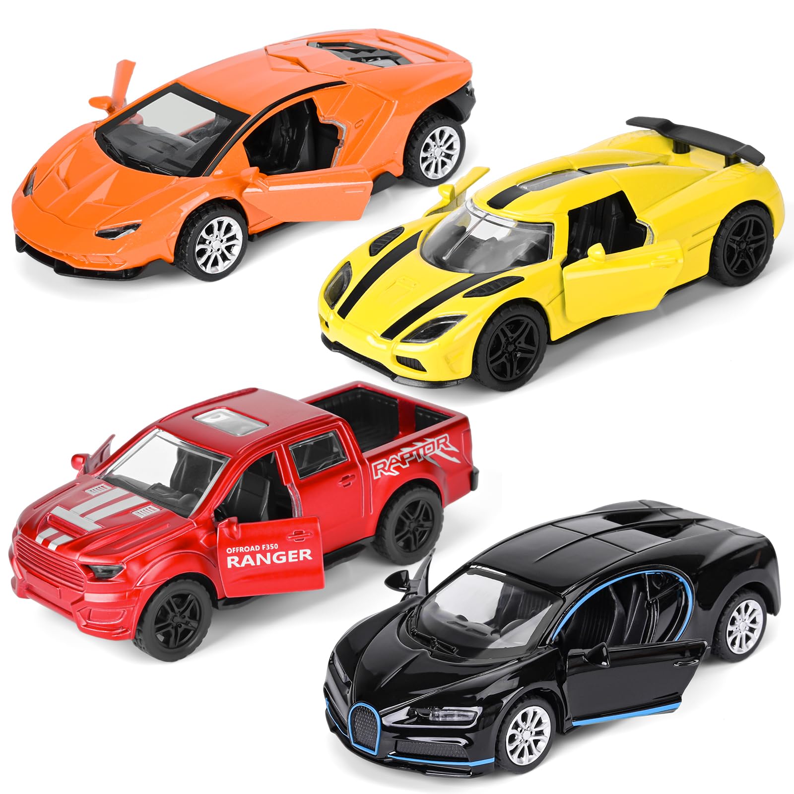 4 Pack 1/36 Metal Diecast Cars Toy with Opening Doors Kid Pull Back Cars Toys Set,Boy Toy Car for Age 3 4 5 6 7 8 9 10 11 12