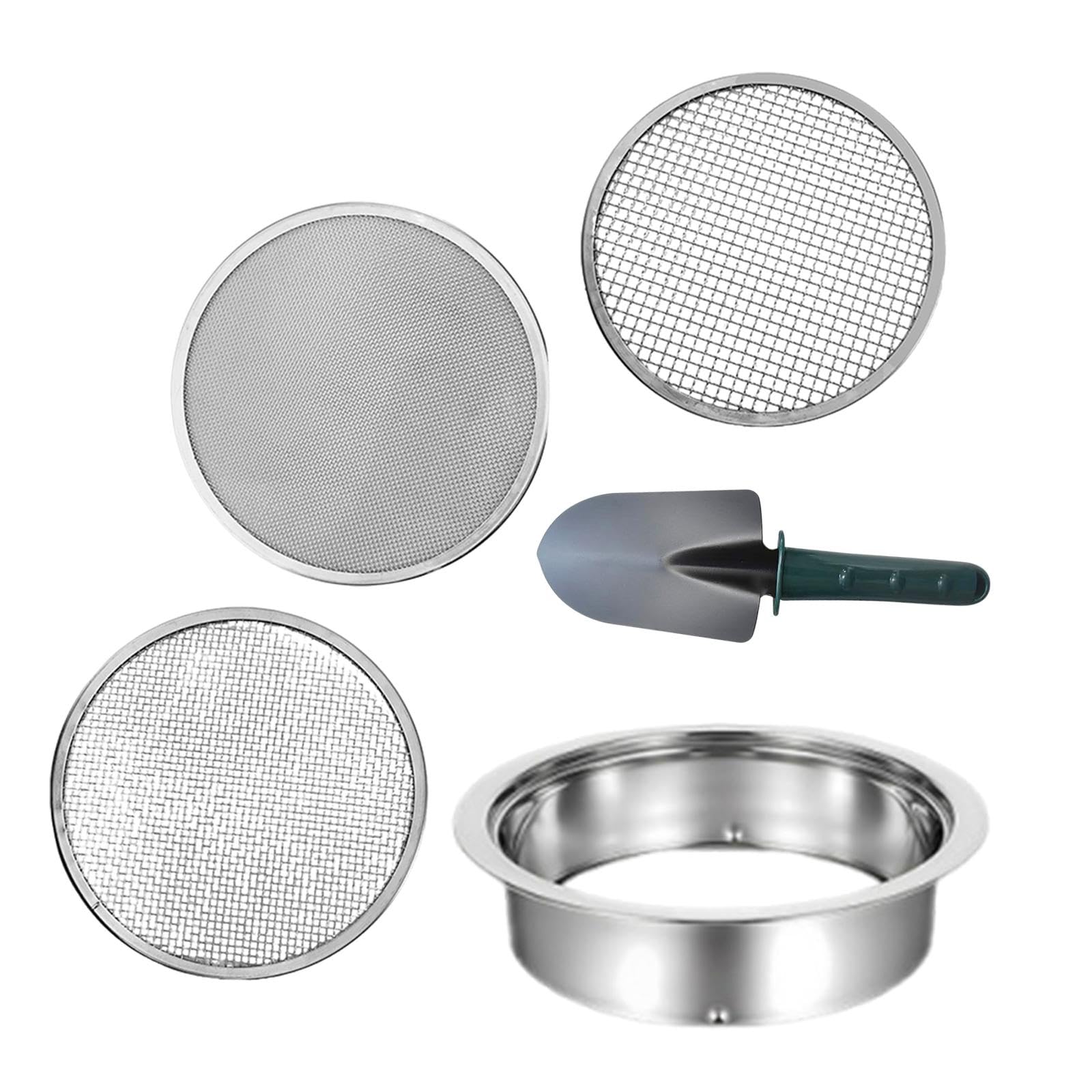 3 Piezas Criba Set de de Jardín con Bandeja de Reemplazo Mallas Resistentes y Pala para Separar Rocas Adecuado para Huertos, Pala Verde de 3 Mallas