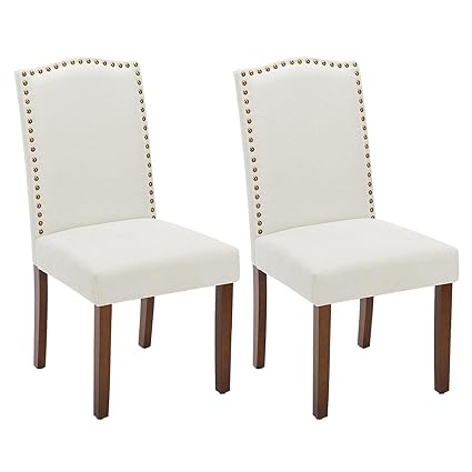 DUMOS Dining Chairs Set of 2, Fabric Dining Room Chairs, Upholstered Parsons Chairs with Nailhead Trim & Rubber Wood Legs, Kitchen Side Chair for Dining Living Room,Bedroom - Beige