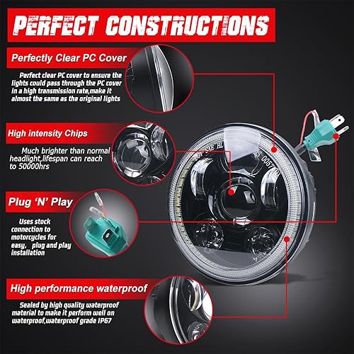 Miniatura 2 de Tugwuetlwu Faro delantero de motocicleta de 5.75 pulgadas para Harley Davidson 5 34 Sportster Dyna Softail Iron 883, etc. Accesorios (negro-halo)