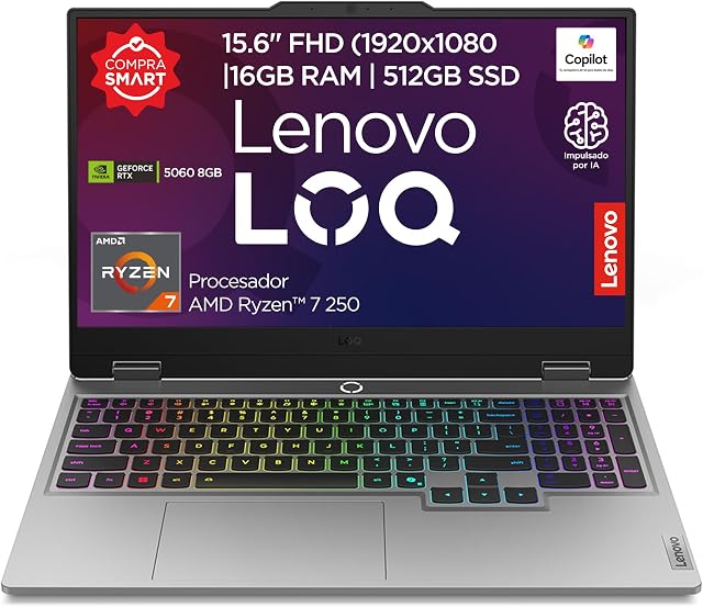 Laptop Gaming Lenovo LOQ | AMD Ryzen 7 250 | 16GB RAM 512GB SSD | 15,6" FHD | NV