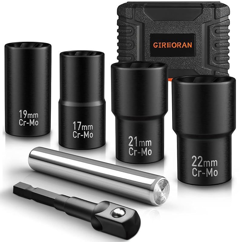 Kit extrator de porcas de roda e parafusos danificados GIREORAN com encaixe de 12,7 mm (1/2 pol.) e tamanhos de 17 a 22 mm, 6 peças
