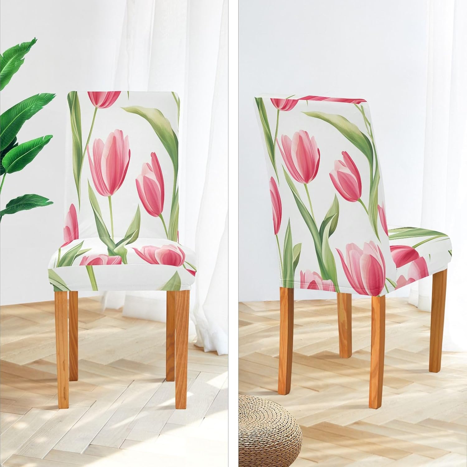 ALAZA Chair Covers for Dining Room, Romantic Spring Flower Pink Tulip Stretch Chair Cover Sets Chair Protector Removable Washable for Ktichen Restaurant Hotel