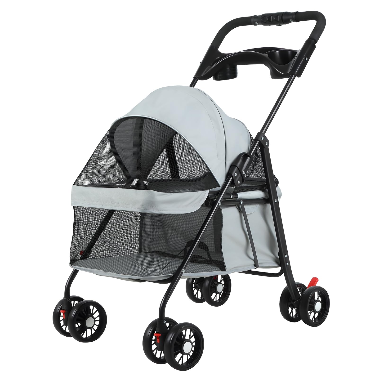4 Wheels Pet Stroller, Portable Folding Dog Stroller with Cup Holder, Breathable Mesh Pet Cart, Lightweight Strolling Cart for Small Dogs and Cats, 7.5kg Load Capacity Grey