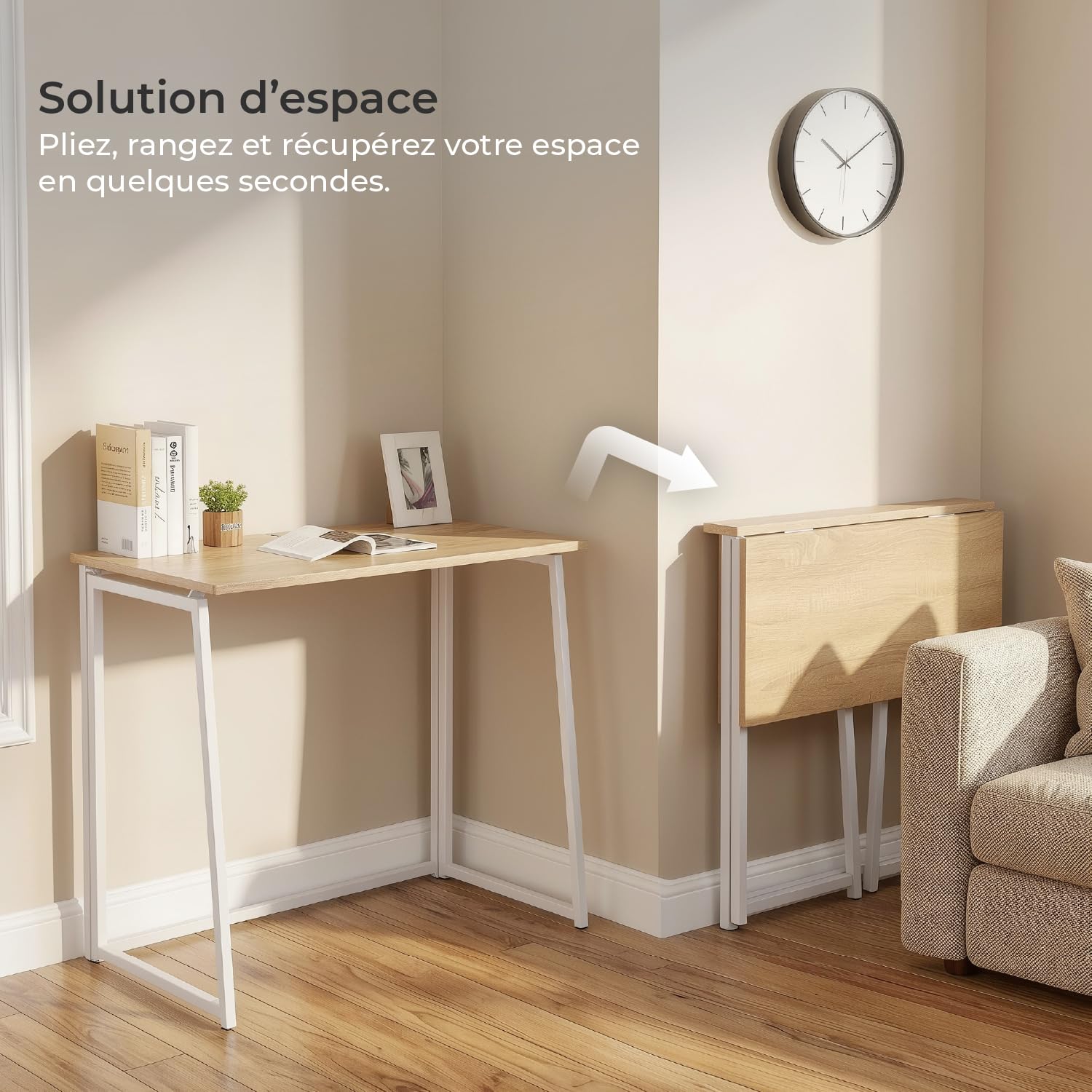 Meuble Cosy Bureau Informatique Pliant pour Petits Espaces Postes de Travail Table d'Ordinateur Pliante, Assemblage Facile, Cadre en Métal, Chêne + Blanc, 80x40x74cm