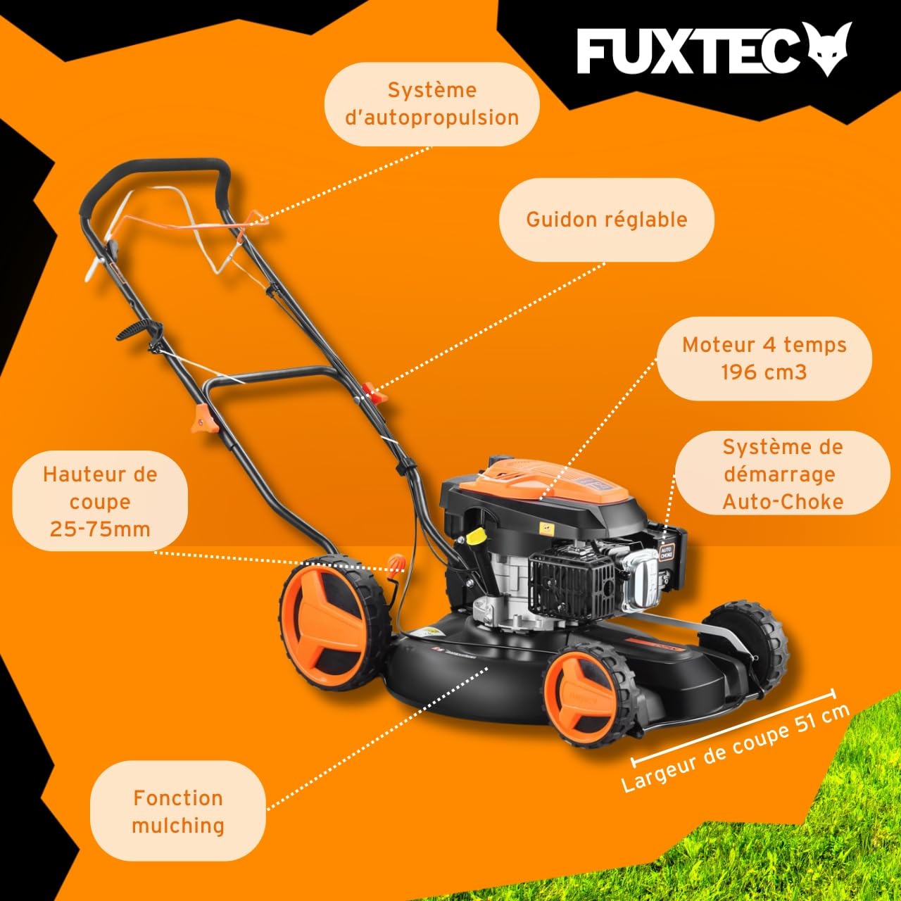 Fuxtec Tondeuse à Gazon Thermique Mulching Autotractée 196cm3 FX-RM51SA96 Largeur De Coupe 51cm Redonne du Tonus à Votre Pelouse Paillis Agissant comme Engrais Naturel