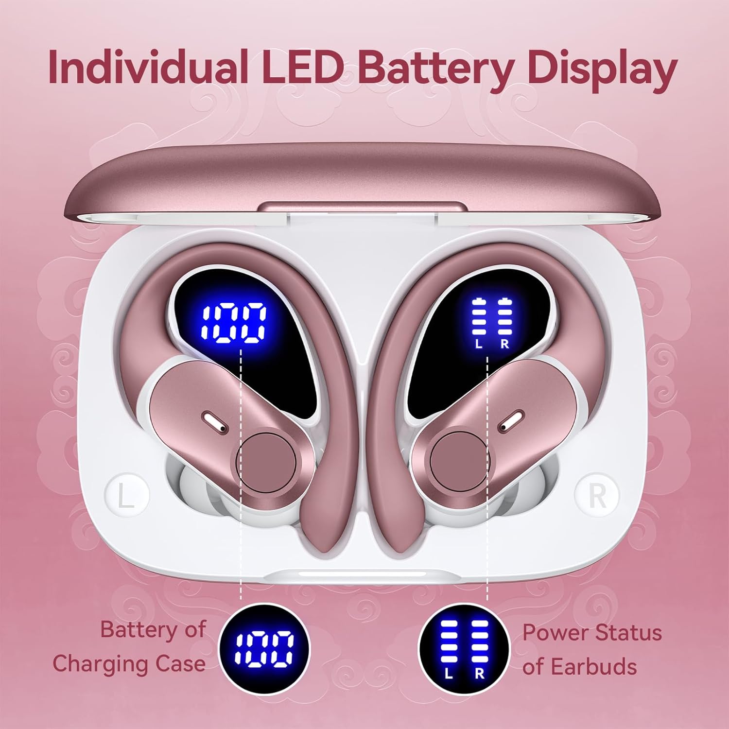GOLREX Active Noise Cancelling Wireless Earbuds Bluetooth Headphones 80H Playtime Ear Buds with Power Display Case Hi-Res Sound & Clear Calls Over Ear Hooks Earphones for Sports Running Gym Cerise