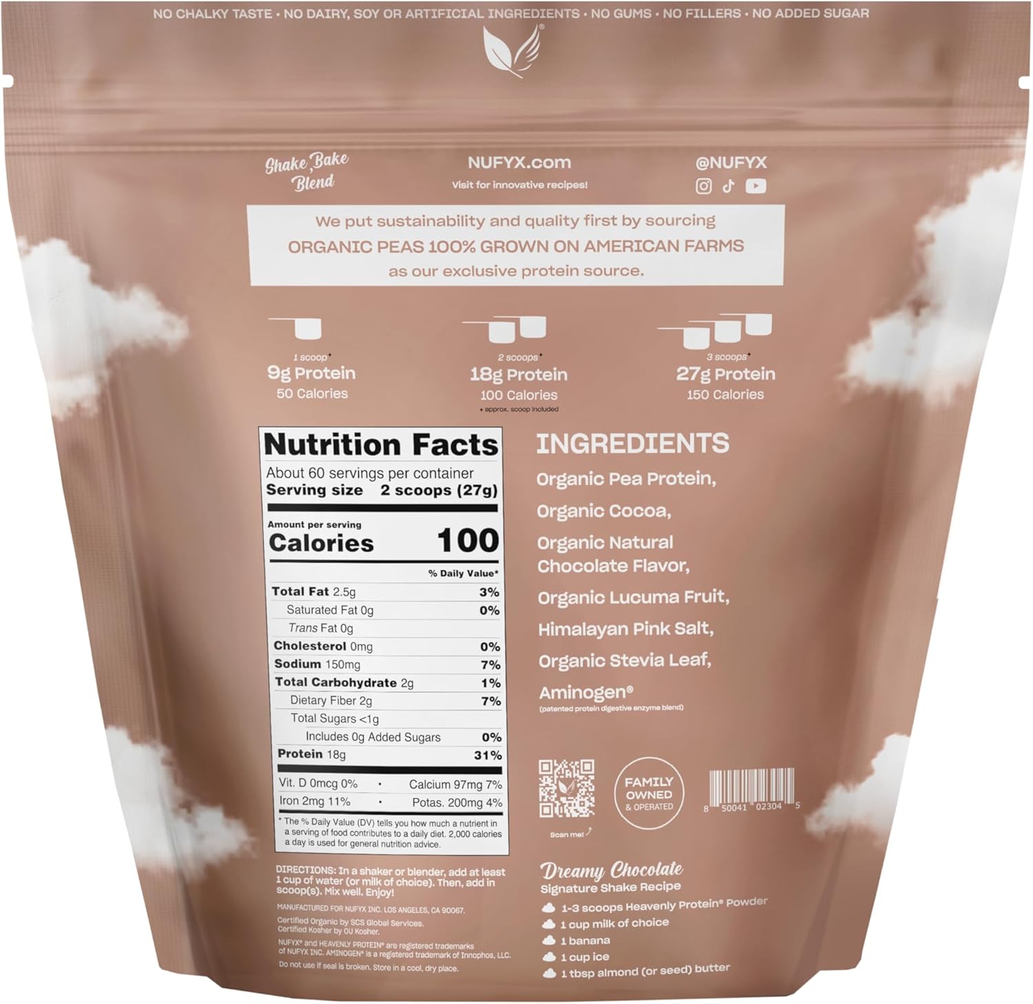 NUFYX® Family Owned Protein Powder, Organic Plant-Based, Made with 100% USA Grown Peas, 18g Protein for 100 Calories, Only 7 Ingredients, Digestive Support (Dreamy Chocolate, 120 Scoops)…