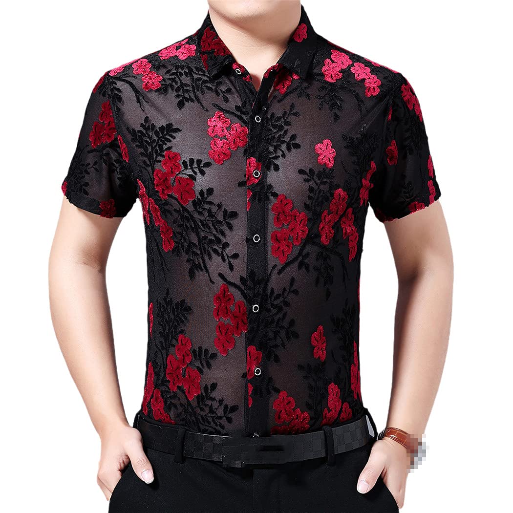 Chemise transparente homme imprimé floral velours rouge sensuel - 6