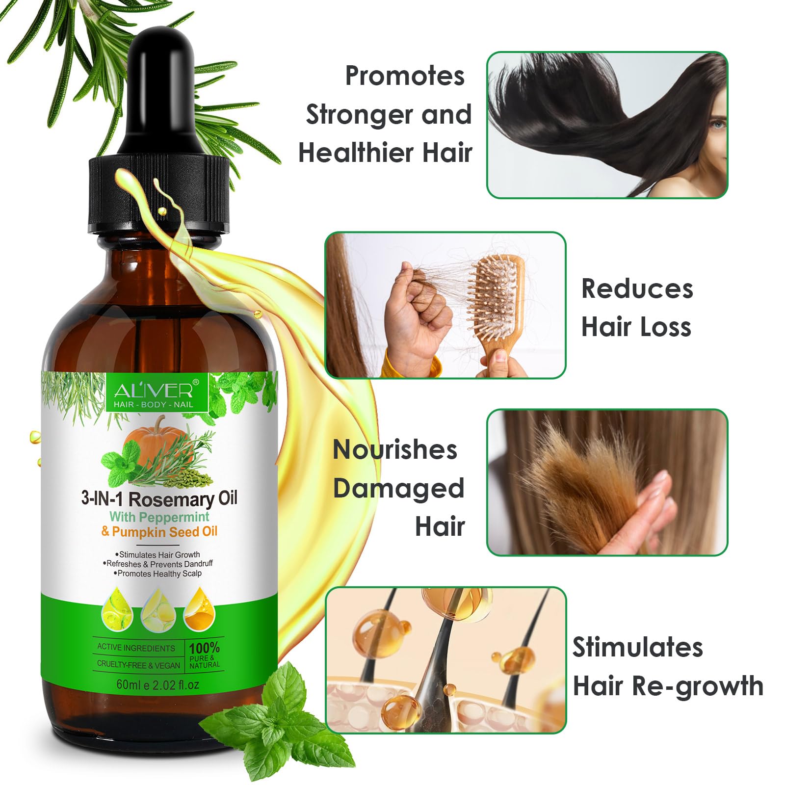 Olio di rosmarino per capelli,con olio di menta piperita,olio di semi di zucca, olio per la crescita dei capelli,olio di rosmarino per capelli,corpo,100% puro naturale,60 ml
