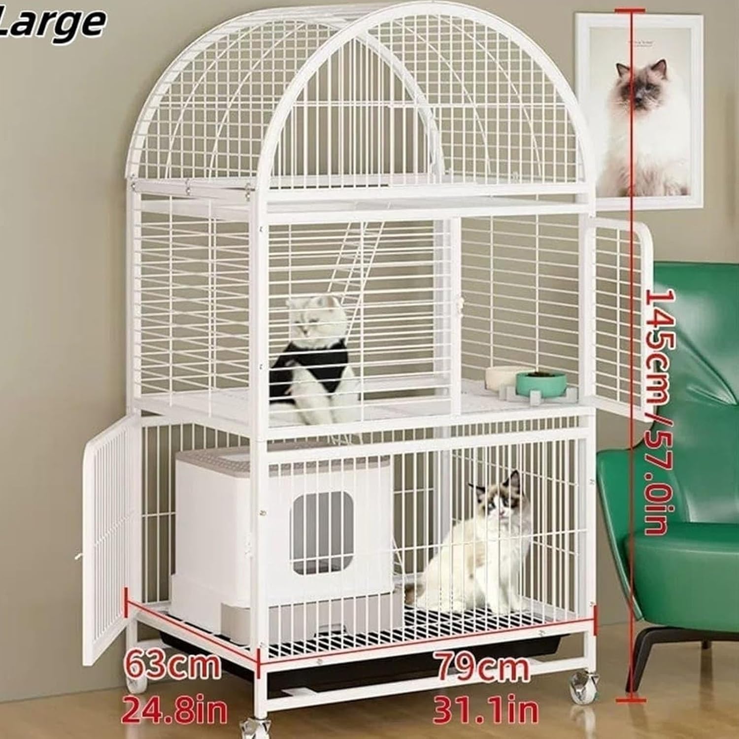 Iron Cat Enclosures, Indoor Cat Cage, Cats Playpen, Tier Dome Cats Villa, Movable Wrought Iron Pet House, Indoor Outdoor Kennel Enclosure(White,31.1x24.8x57in)