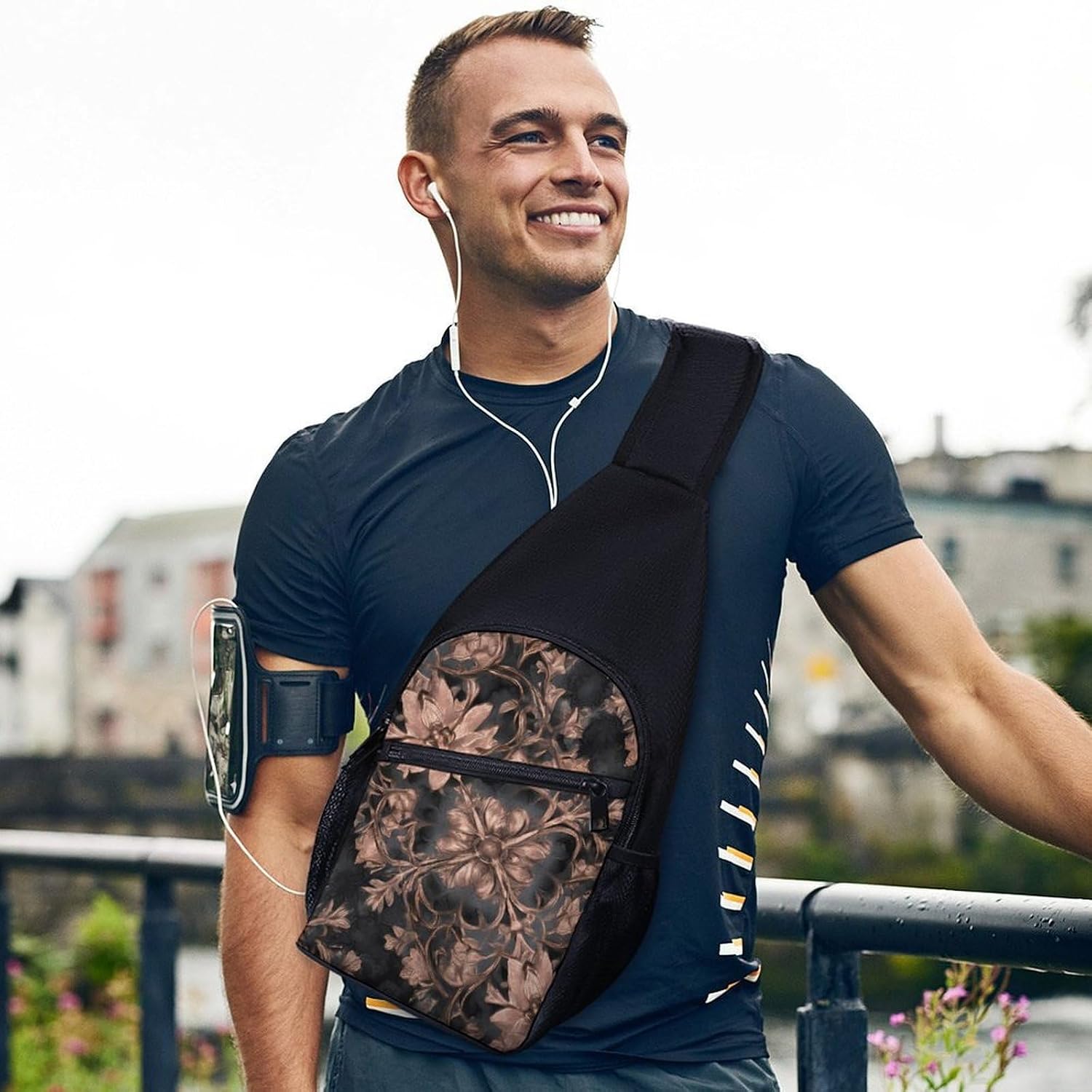 Vintage Rose Gold Flowers Crossbody Sling Backpack Chest Bag Daypack | unisex,trendy,with convertible and detachable shoulder strap,side pockets