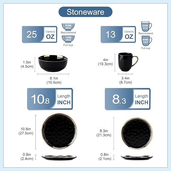 LOVECASA 16 Pieces Plates and Bowls Sets, Porcelain Black and Gold Dinnerware Sets, Round Dinner Plates Dishes Set Service for 4, Dishwasher Safe and Scratch Resistant, Black