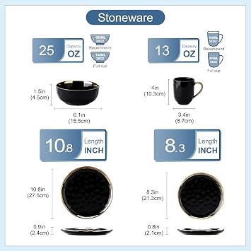 LOVECASA 16 Pieces Plates and Bowls Sets, Porcelain Black and Gold Dinnerware Sets, Round Dinner Plates Dishes Set Service for 4, Dishwasher Safe and Scratch Resistant, Black