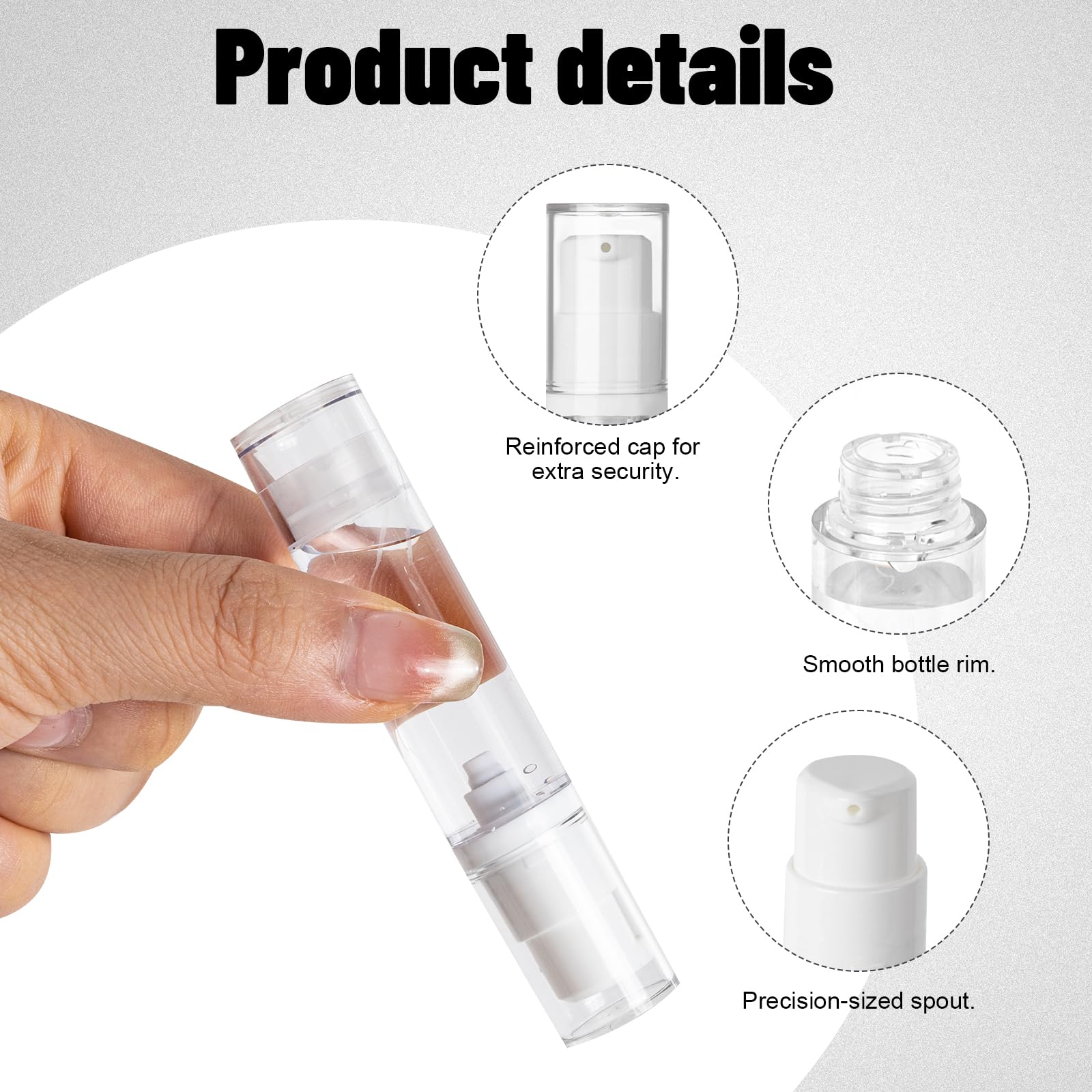 Leikedun 10 flaconi vuoti a pompa airless da 10 ml, ricaricabili, trasparenti, da viaggio, contenitori per cosmetici, con adesivi, per fondotinta, essenza, crema, lozioni, articoli da toeletta