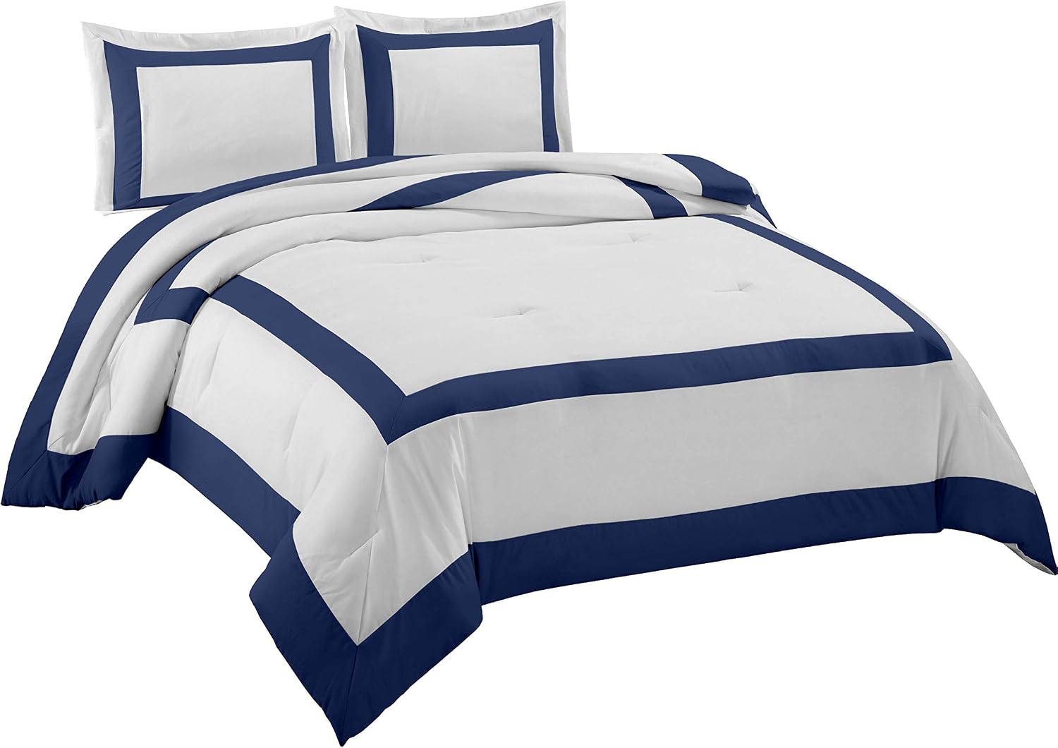 Chezmoi Collection Carlton 3-Piece Hotel Style Square Framed Bedding Comforter Set (Queen, White/Navy)