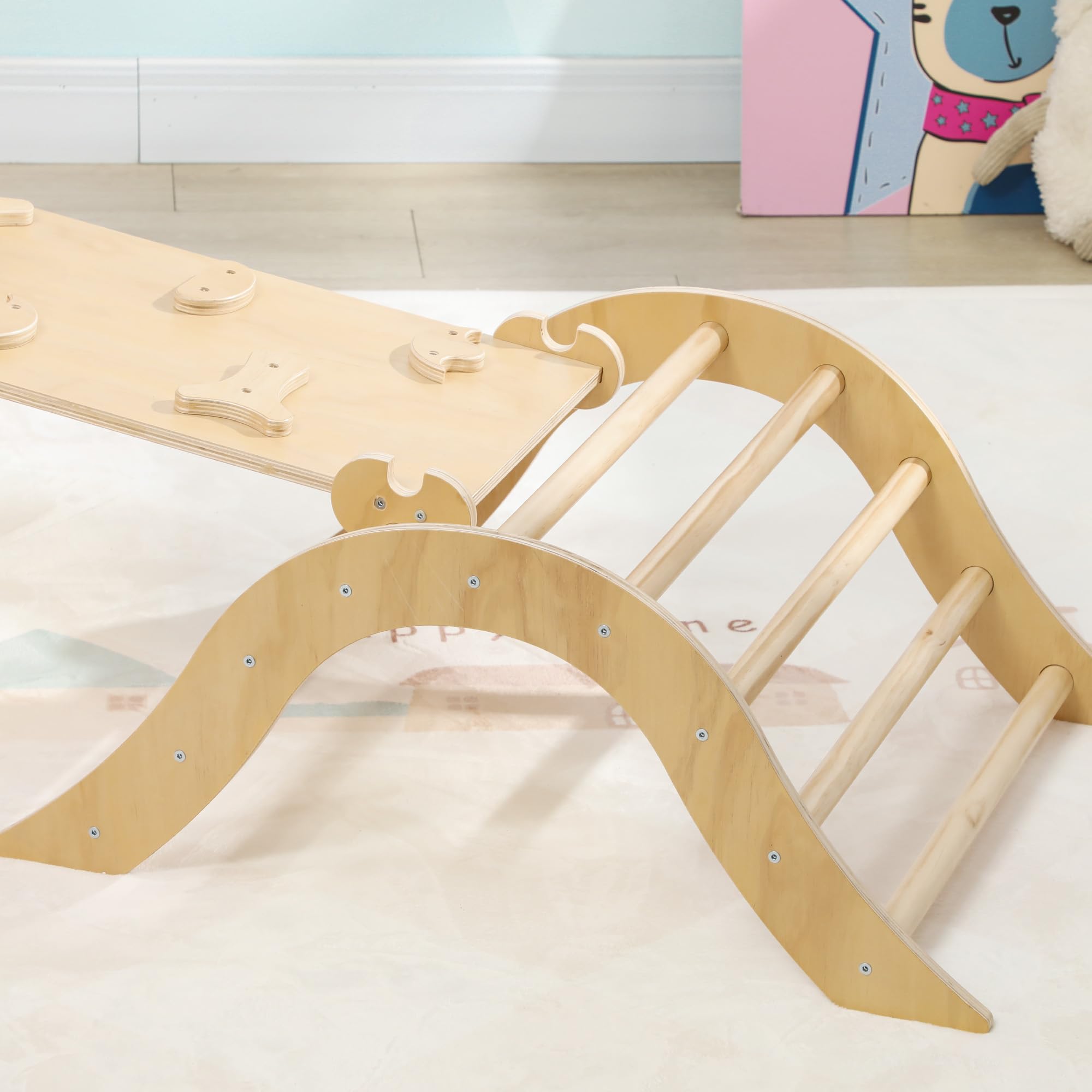 AIYAPLAY 8 en 1 Triángulo de Escalada Montessori con Arco y Rampa Escalada para Niños de Madera de 18-48 Meses con Bolsa de Arena 175x59,5 cm Natural