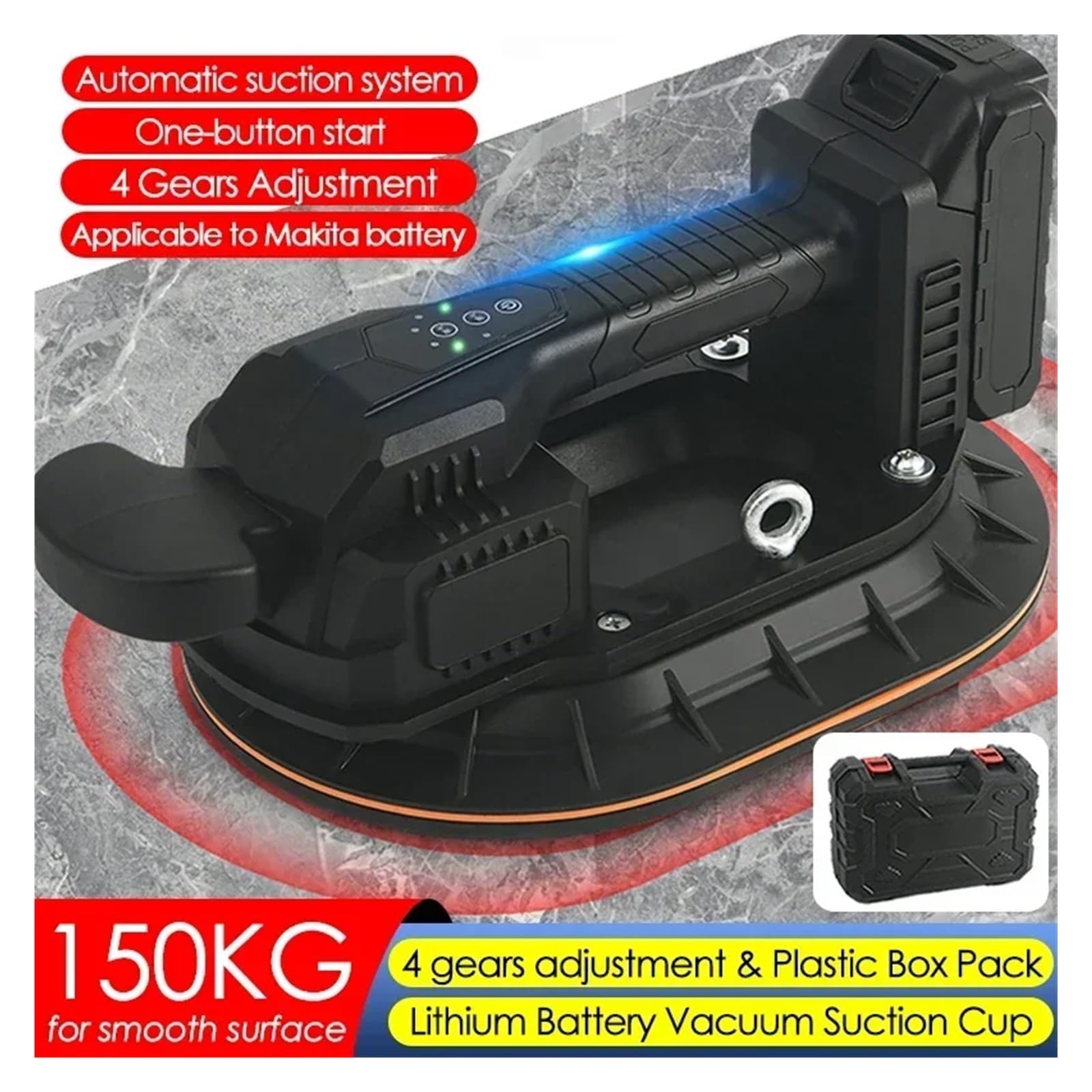 Ventosa eléctrica de 150 kg con 4 marchas ajustables for baldosas vidrio y granito, bomba aire, herramienta elevación, compatible cajas para levantar baldosas