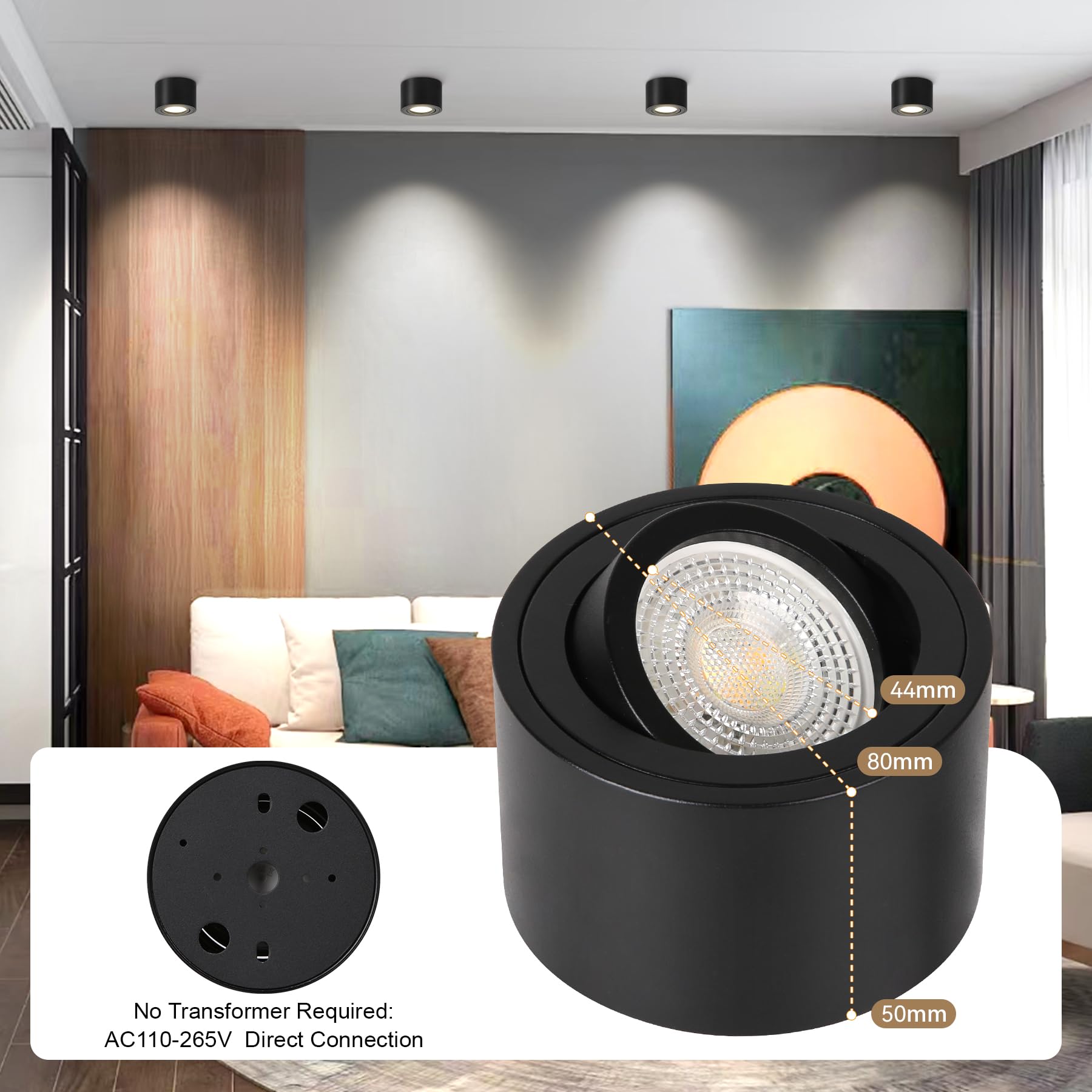 CANMEIJIA Reflektor sufitowy LED 7W ściemnialny, sufitowy, Ø80x50mm, bardzo płaski, obrotowy o 30° montowany na powierzchni, 3000K/4000K/6500K, reflektor sufitowy aluminiowy, okrągły, czarny 4 sztuki