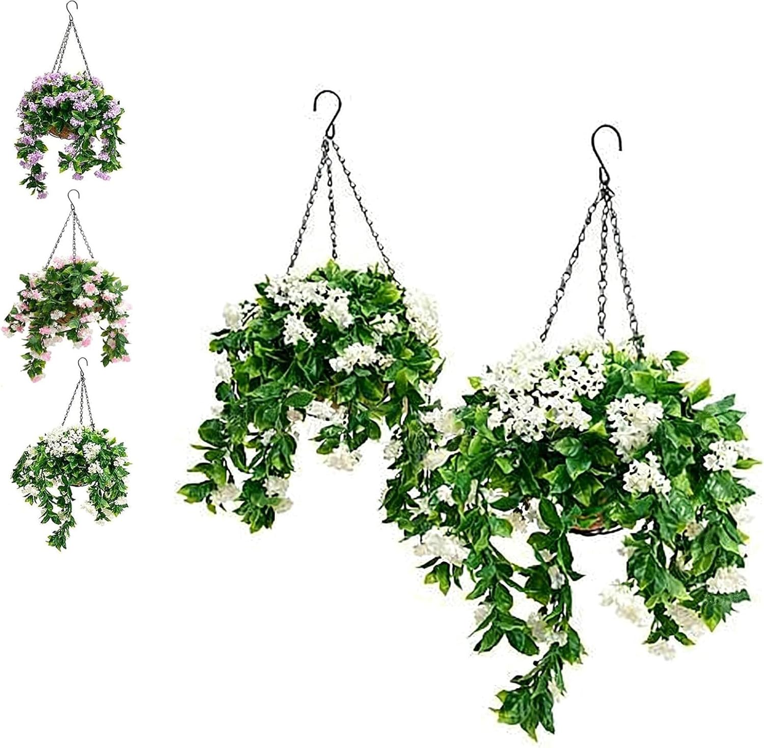 15" Faux Crepe Myrtle Hanging Baskets - Set of 2, Realistic Artificial Flowers for Outdoors, UV Resistant & No Maintenance, Faux Greenery for Porch, Garden, Patio, Window Box Decor (White)