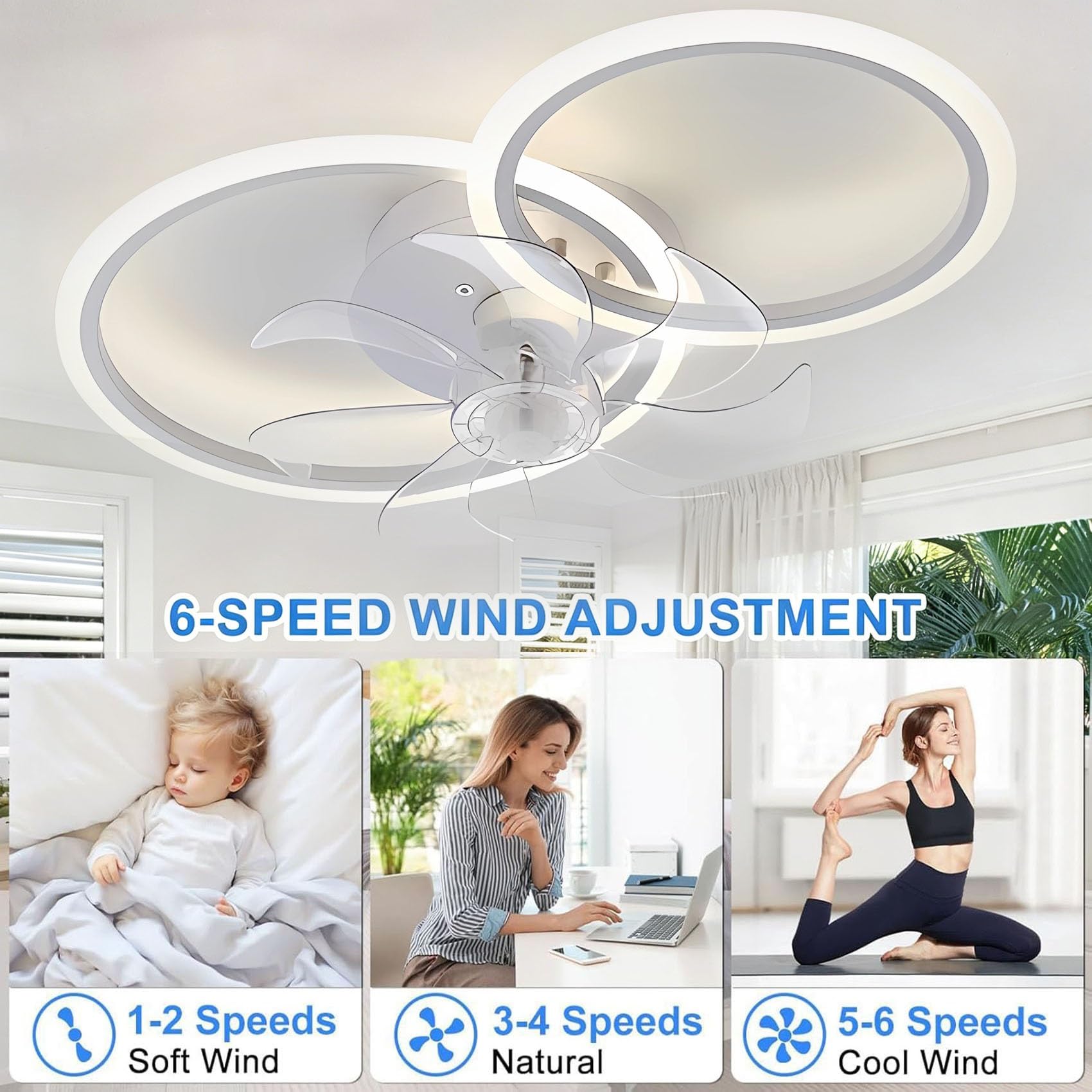 Deckenventilator mit Beleuchtung LED Deckenleuchte mit Ventilator Leise Dimmbar, 6 windigkeit, Smart APP, Timer, Modernes Design für Wohnzimmer Schlafzimmer Küche 57CM