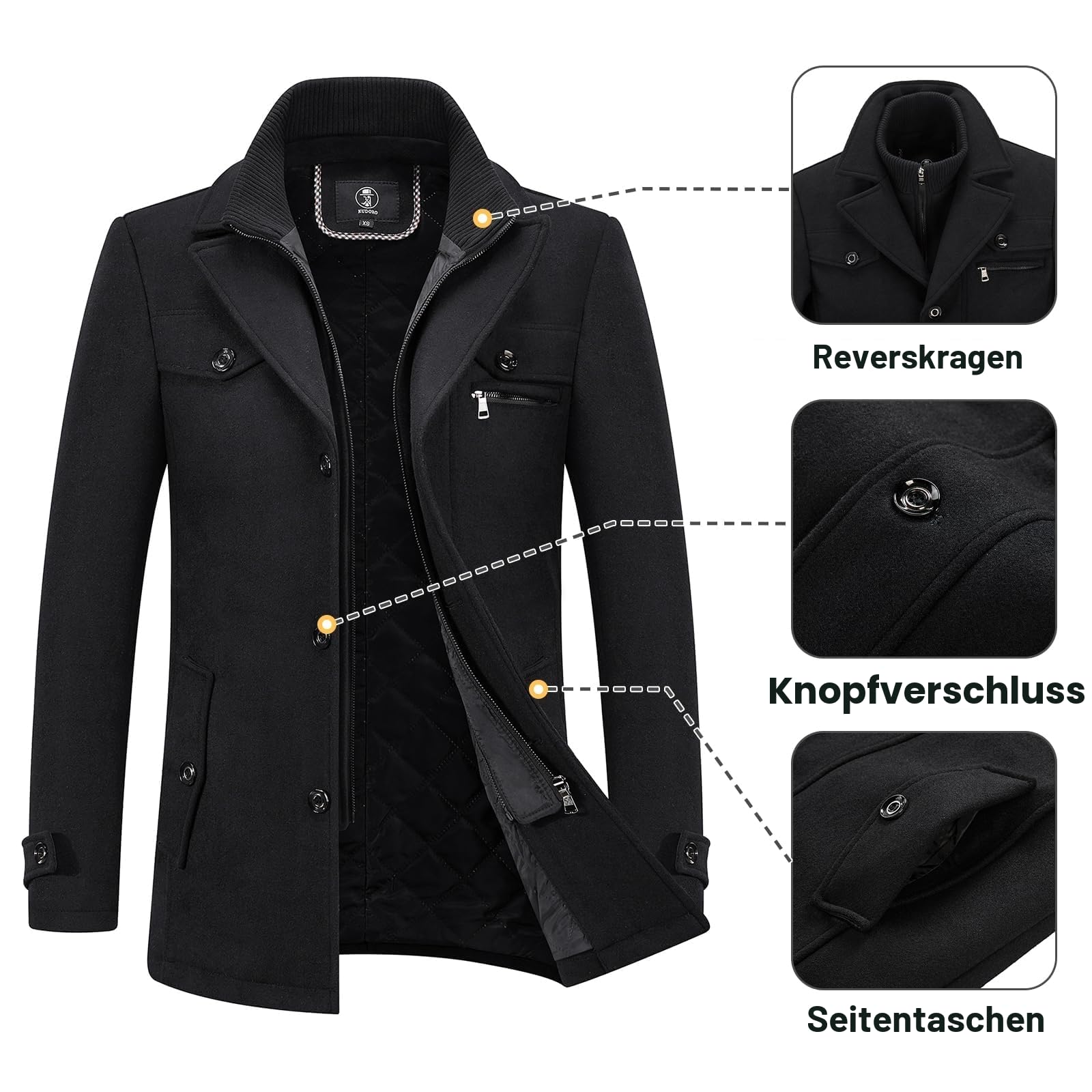 KUDORO Herren Wintermantel Wolle Kurzmantel Herren Wollmantel Mittellang Peacoat Winterjacke Slim Fit für Business Freizeit(Schwarz2,S)