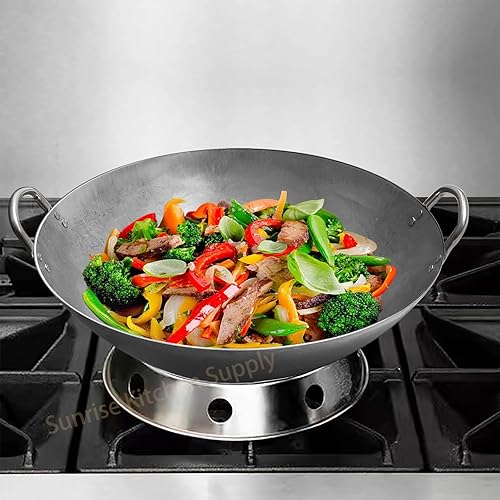 Miniatura 6 de SUNRISE Fuente de cocina Heavy Duty Hong Kong estilo carbono acero wok (fondo redondo) 15"