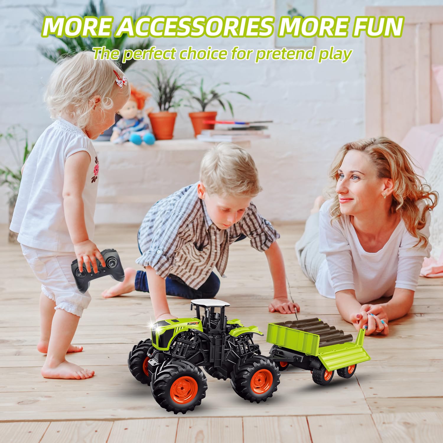 fisca Tractor teledirigido con remolque de elevación e inclinación, camión de juguete con sonido y luz, 6 tacos de madera, adecuado para niños y niñas a partir de 3, 4, 5 y 6 años, juguete de granja