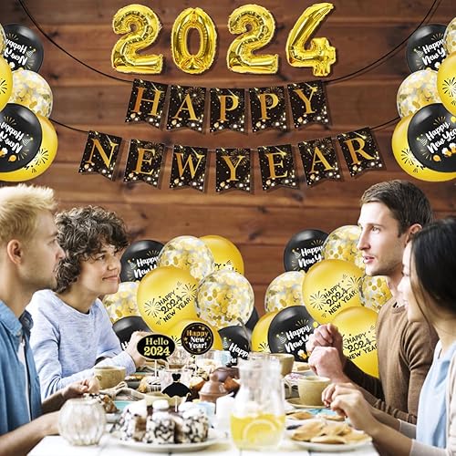 Miniatura 5 de 24Pcs New Year Party Supplies: Black & Gold Latex Balloons & Banner for Family Gathering & Kids