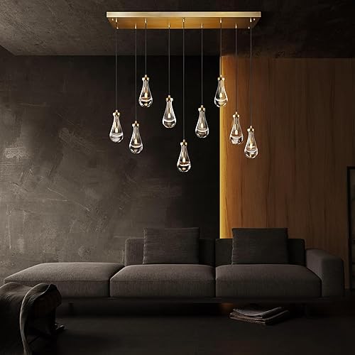 Miniatura 6 de Joyunleo Raindrop - Candelabros de 9 luces para comedor, luces doradas para comedor, lámparas colgantes de latón, isla de cocina, cuerda ajustable
