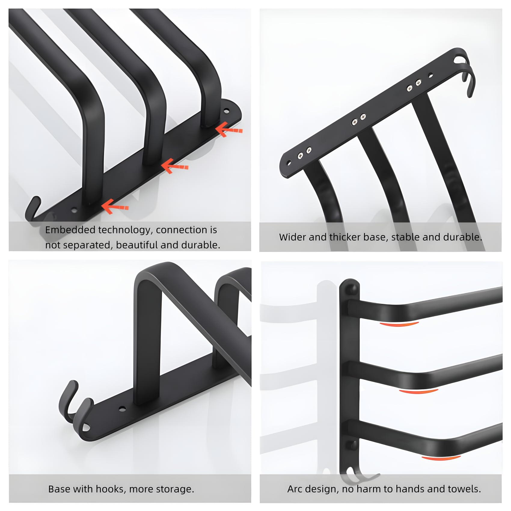 yozhch Black Towel Rail with Hooks, 3-Tier Towel Rack Wall Mounted Bathroom Towel Holder - Image 3