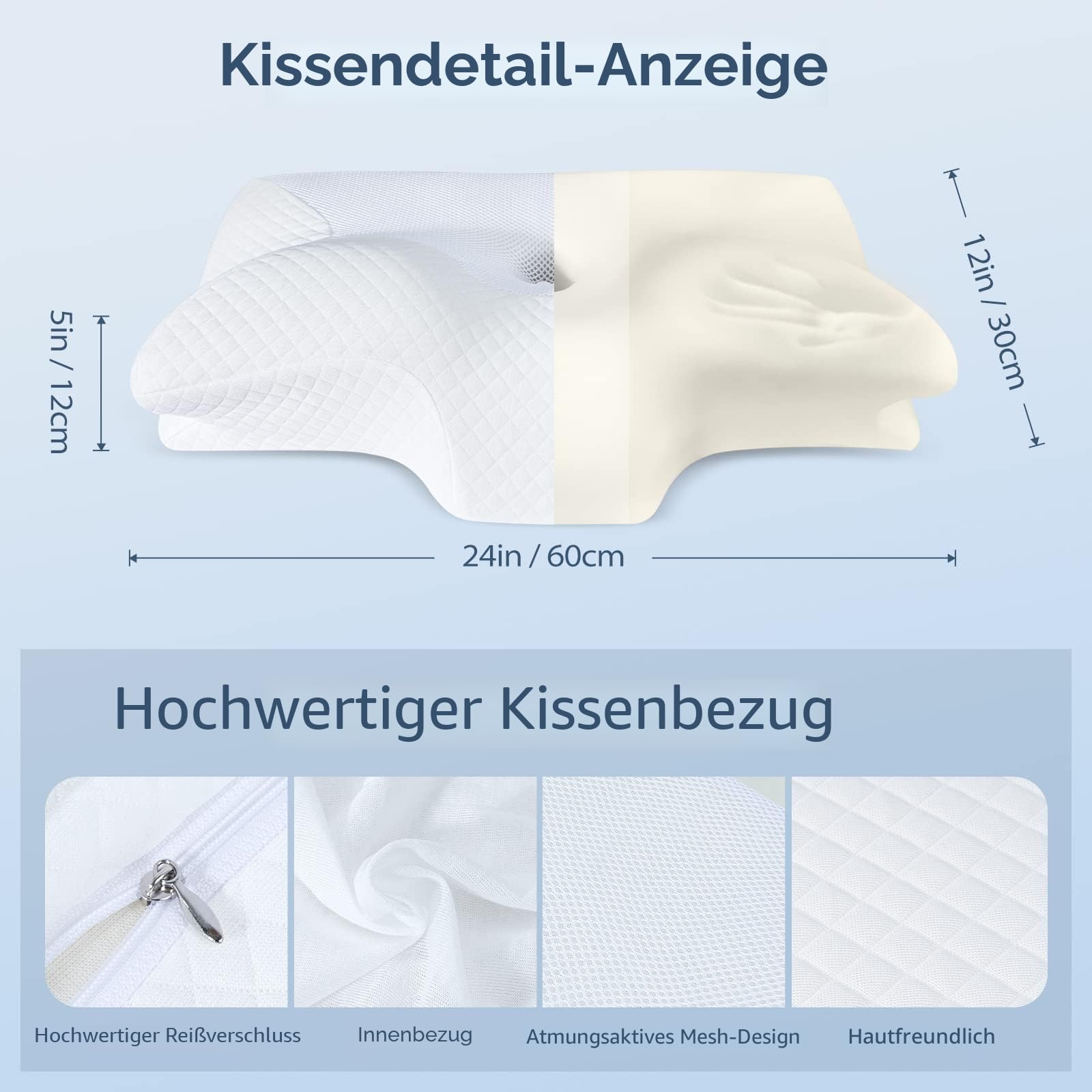 HOMCA Orthopädisches Kissen Memory Foam Nackenstützkissen für HWS Ergonomisches Kopfkissen für Rücken-, Seiten- und Bauchschläfer, 60 * 35 * 8/12cm