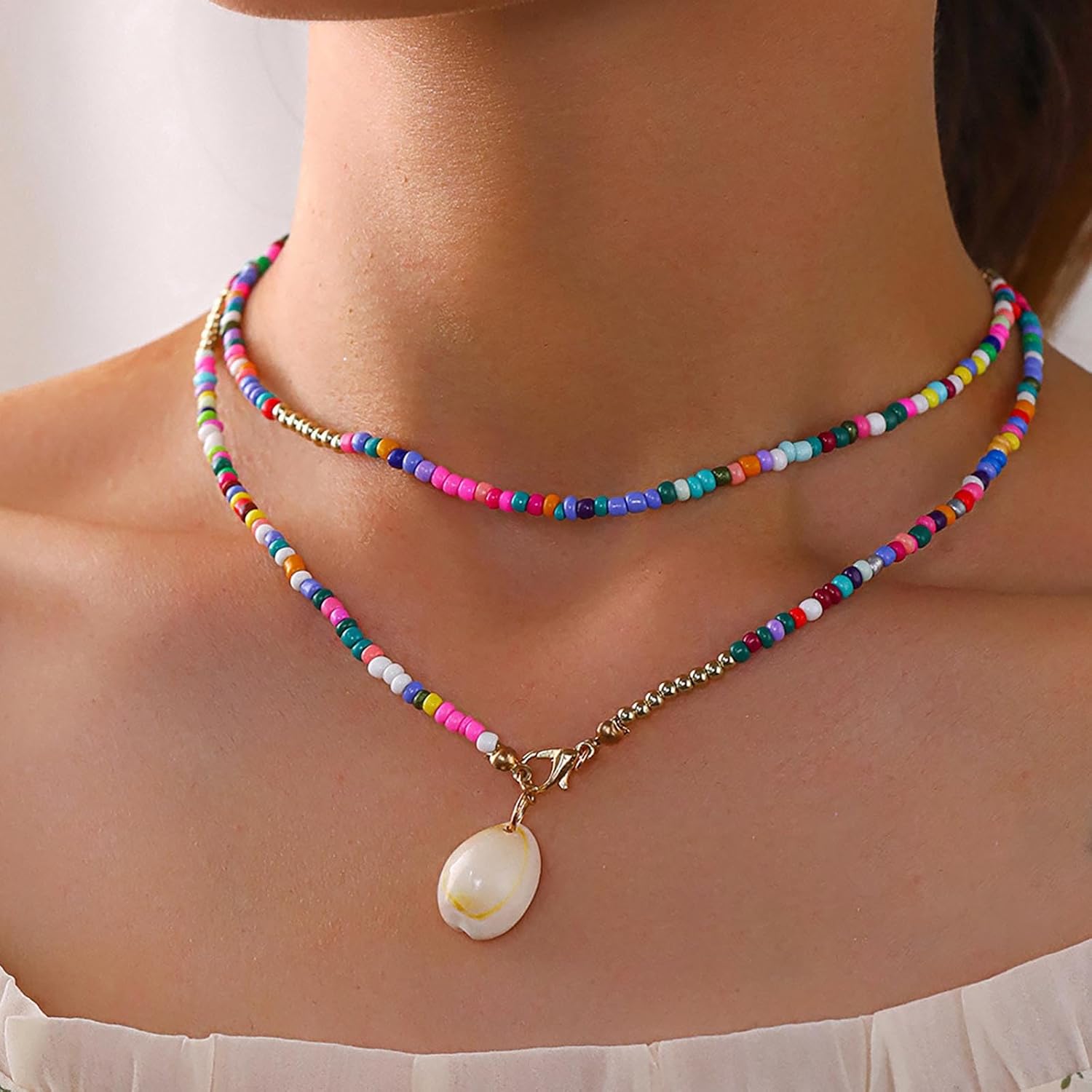 Bohemian Layered Shell Choker Necklace Acrylic Rainbow Seed Bead Necklace Cowrie Shell Pendant Necklace Handmade Seashell Rice Bead Necklace Jewelry for Women - Image 2