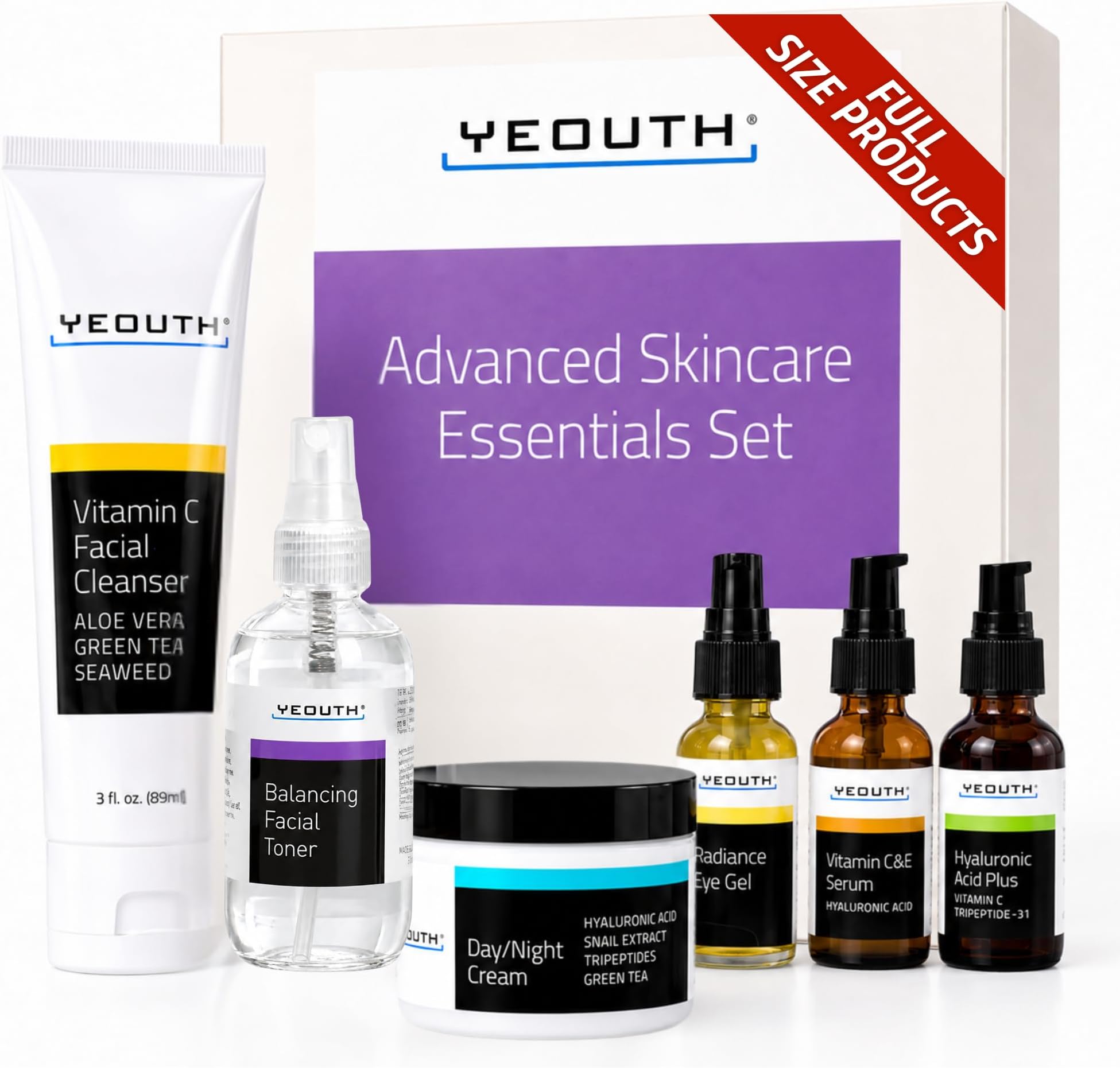 YEOUTH Anti Aging Skincare Set 30s, Valentines Day, Gift Set, Cleanser, Toner, Vitamin C & Hyaluronic Acid Serum for Face, Eye Gel, Face Cream, Beauty & Personal Care Products for Women & Men 6-Piece