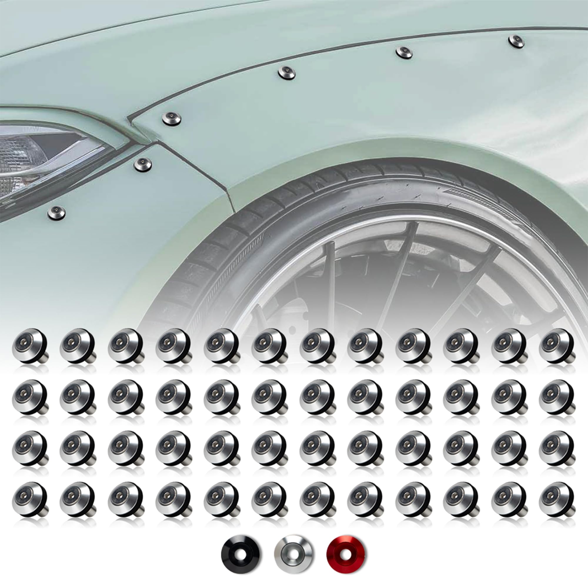 Kit di rondelle coniche in alluminio anodizzato, 48 pezzi, M6 x 18 mm, per widebody, parafanghi, parafanghi, vano motore (argento)