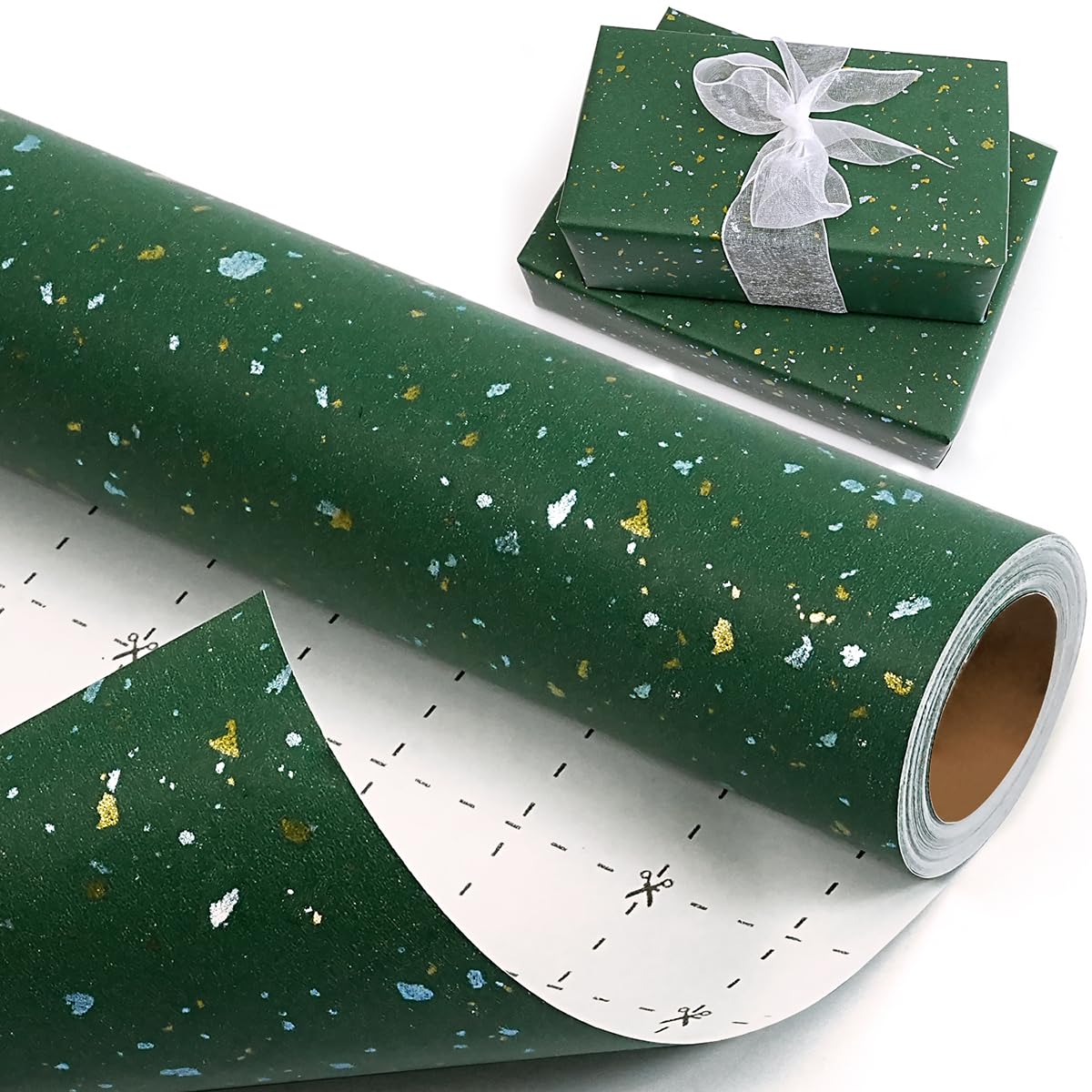 Green Wrapping Paper Roll - Gold and Silver Foil Flakes Design, 43cm x 10m Dark Green Matte Birthday Gift Wrapping Paper, Kraft Gift Wrap Paper for Christmas Birthday Wedding Baby Shower Holiday