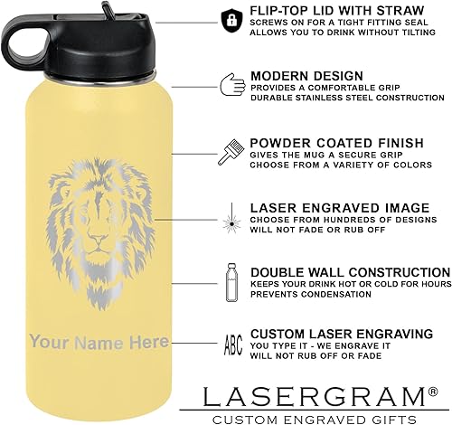 Vista 239 de LaserGram Botella de agua personalizada, palitos de lacrosse, acero inoxidable de doble pared aislada al vacío con popote superior, regalo grabado