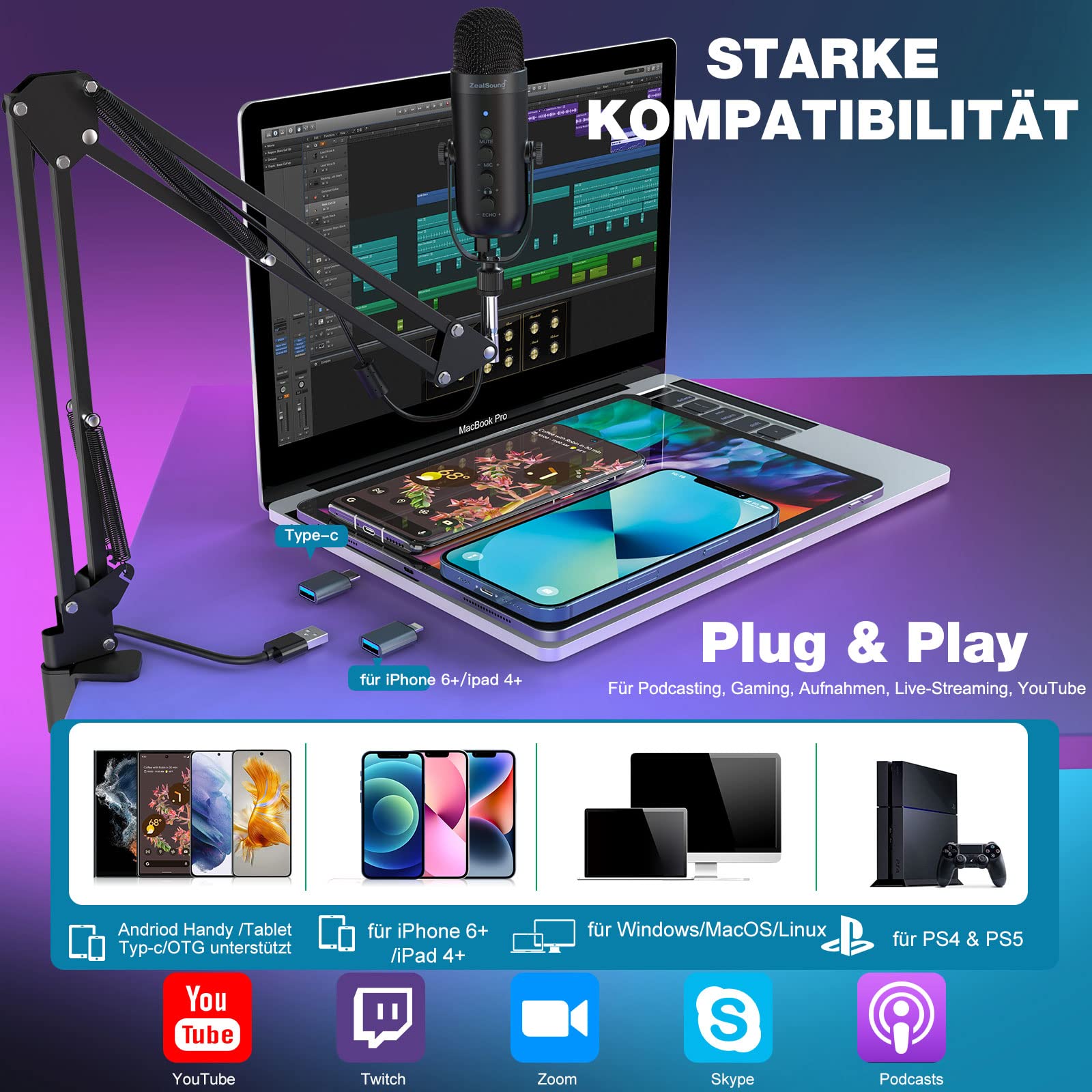 zealsound USB Podcast Mikrofon für PC Handy— mit Rauschunterdrückung, Mute-Taste, Echo für Vocal & Singen Stream, und 2 Adapters & Boom arm, für Gaming, YouTube, Kompatibel mit iPhone, Mac & PS5