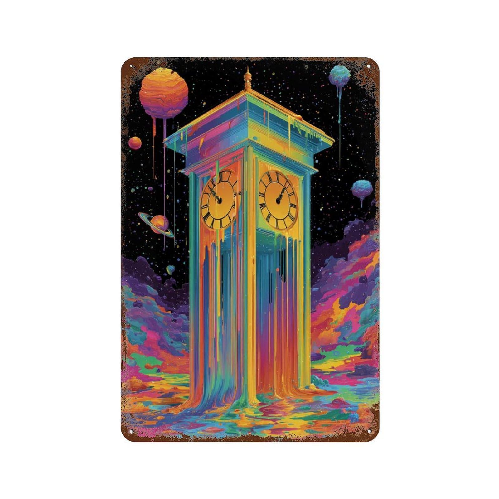 Rustic Tin Plaque Colorful Clock Tower in Space 11.8"x7.9", Vintage Wall Decor for Pub, Kitchen And Man Cave Decor
