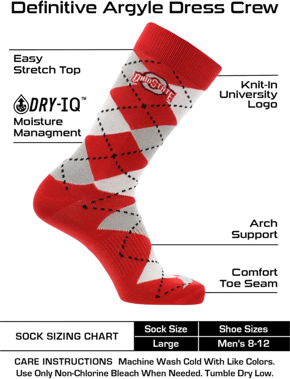 TCK Ohio State Buckeyes Argyle Dress Socks NCAA Fanwear Crew Length (Large) - Black/Scarlet,Large