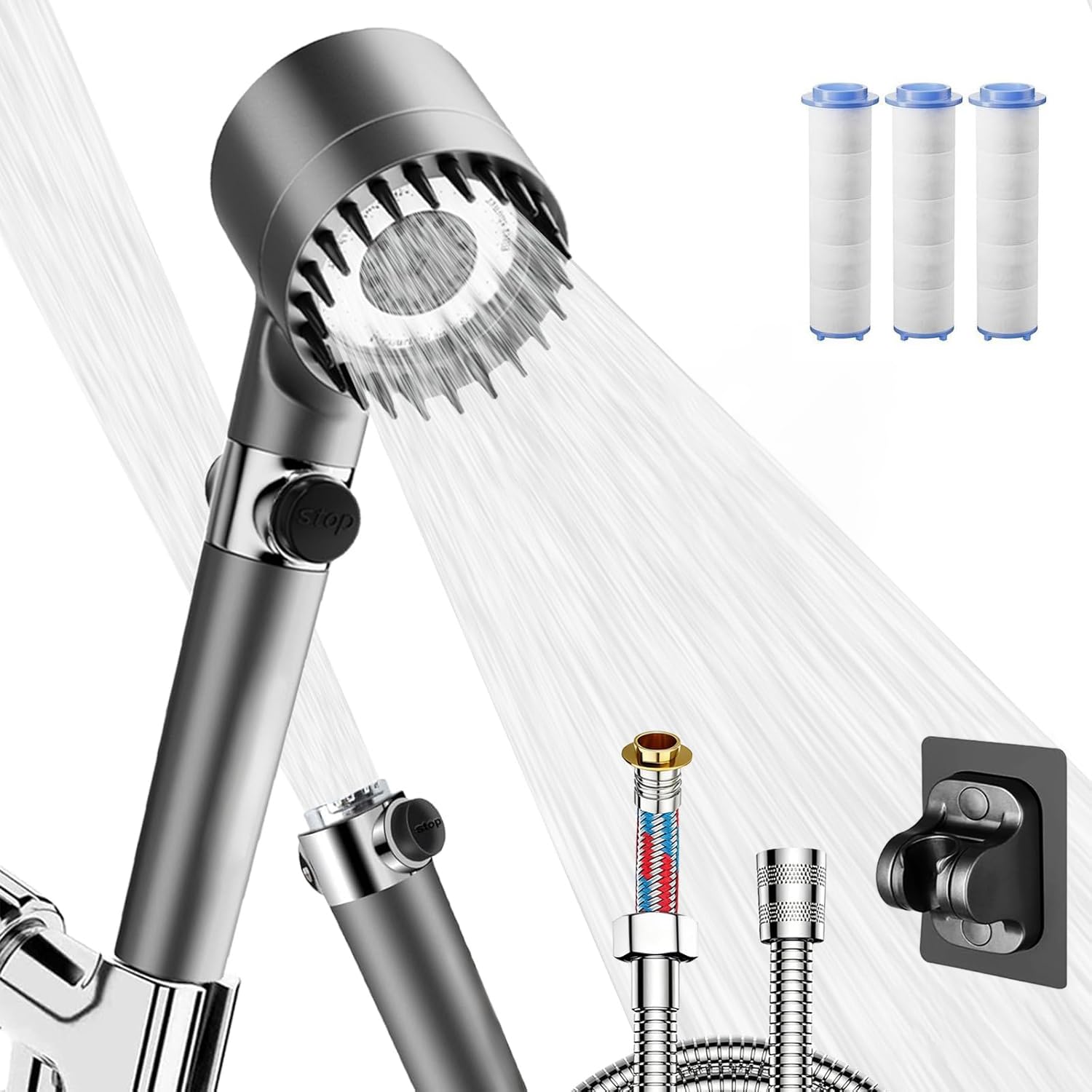 Arbudspro Hard Water Filter Shower Head with Hose, 3+1 Spray Modes,Grey