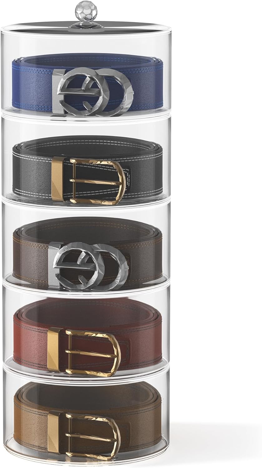 Belt Organizer, 5-Tier Acrylic Belt Storage & Holder for Closet - Clear Jewelry Organizer Case, Space Saving Display for Belts, Ties