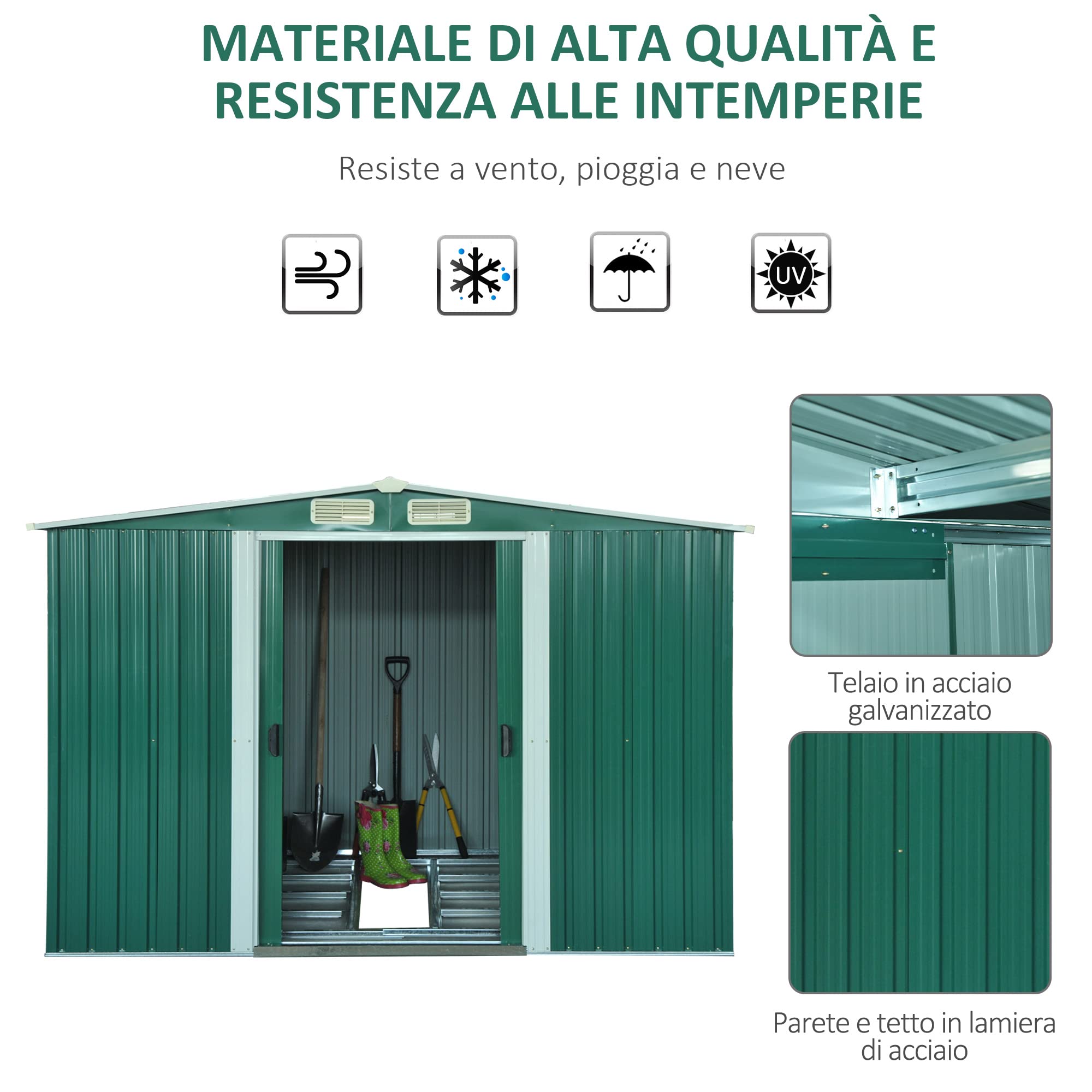 Outsunny Casetta da Giardino Porta Utensili con Base 258x206x178cm Verde | Lamiera di Acciaio, Capanno da Giardino in Acciaio, Porte Scorrevoli