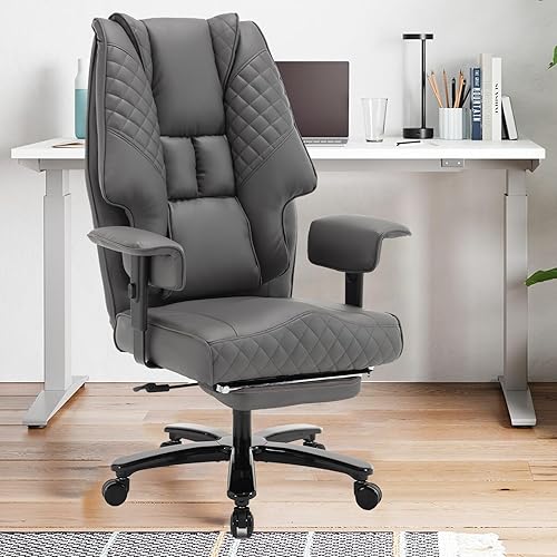 KCREAM Silla de oficina reclinable grande y alta de 500 libras con reposapiés, silla ejecutiva de computadora de piel sintética con ruedas, sillas