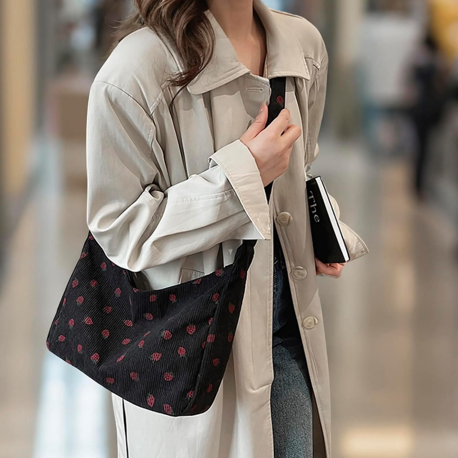 DOB SECHS Corduroy Crossbody Bag for Women Cute Strawberry Purse Cross Body Canvas Messenger Bags Slouchy Crescent Purses